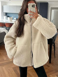 christmas outfit Dodobye 2024 New White Chic Women's Lamb Wool Cropped Coat Fashion Loose Zipper Lapel Full Sleeved Jackets Female Warm Casual Streetwear