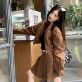 thanksgiving outfit Dodobye 2024 Autumn New Sensibility Maillard Brown Vintage Leather Jacket With Pleated Skirt Set Women Fashion Dress Set