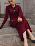 christmas outfit Dodobye 2025 Fashion Burgundy Lapel Ruffles Knitted Midi Dress Women's Elegant Skinny Buttons Flare Sleeved Robe New Female Chic Vestido