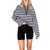 thanksgiving outfit Dodobye Women's Striped Sweatshirt Contrast Color Long Sleeve Lapel Neck Zip-up Casual T-Shirt