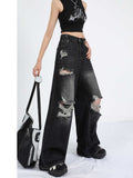 Dodobye Women's Y2k Baggy Ripped Jeans Japanese 2000s Style Black Gothic Denim Trousers Harajuku Vintage Jean Pants Emo Trashy Clothes