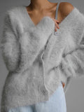 Black Friday Dodobye Casual Solid Imitation Mink Cardigan Women Loose Knitted Plush V-neck Single-Button Sweaters Female Autumn Chic Street Tops