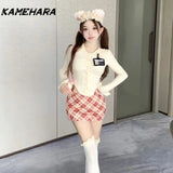 Dodobye Japanese Sweet Apricot Flip Collar Long Sleeve Top Millennium Spicy Girl High Waist Grid Hip Wrap Skirt Y2k 2-piece Set