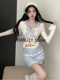 Dodobye 2025 Autumn Kawaii Blue Suit Woman Japanese Style Y2k Crop Tops + Slim Bodycon Mini Skirt Party Lolita Fashion 2 Piece Set Chic