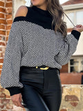 christmas outfit Dodobye Loose Puff Sleeves Contrast Color Split-Joint Cold Shoulder Sweater Tops