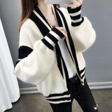 Black Friday Dodobye Patchwork Sweater Women Knitted Loose Elegant Black White Fashion Cardigan Lazy Strip V-Neck Long Sleevekorean Female Jumpers