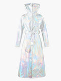 christmas outfit Dodobye Spring Long Shiny Reflective Holographic Silver Faux Leather Trench Coat for Women with Hood Zip Up Y2K Streetwear