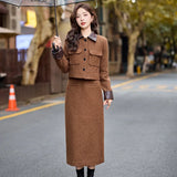 thanksgiving outfit Dodobye Fashionable Casual Suit Autumn/Winter New PU Leather Patchwork Tweed Style Down Jacket Half Skirt 2-Piece Set Skirt YJ6816