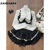 Dodobye Korean Lolita Sweet Fresh Bow Tie Waist Slimming Camisole Tops Versatile White Shirt High Skirt Chic Dress Sets Платье