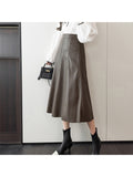 Dodobye Women's Coffee Leather Skirt Y2k Streetwear A-Line Long Skirt Harajuku Korean Vintage 90s High Waist Skirt Gothic 2000s Clothes