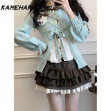 Dodobye French Lolita Set Cute Sweet Lapel Long Sleeved Shirt Mint Colored Sweater Short Skirt Spring Autumn 3 Piece Set Платье