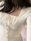 Dodobye Fleece Bow-Neck Ribbed Lace Blouse