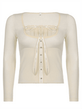 Dodobye Fleece Bow-Neck Ribbed Lace Blouse