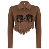 christmas outfit Dodobye Fringe Detail Printed Crop Sweatshirt