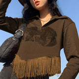 christmas outfit Dodobye Fringe Detail Printed Crop Sweatshirt