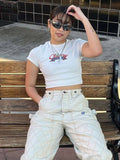 Back To School Dodobye American Style Retro White Shoulder Short Short-sleeved T-shirt Women's Summer European And American Abg Hot Girl Bm Cropped Top