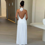 Dodobye Style 2024 Summer New Women's Elegant Neck V-neck Long Dress Sexy Split Pleated Backless Dress