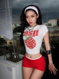 Back To School Dodobye American Style Retro Y2K Millennium Style Raspberry Short Short-sleeved T-shirt Women's Summer Spice Girls Slim-fit Shoulder Navel Sweet Hot Top