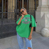 Back To School Dodobye American Retro Vintage Green Letter Short-sleeved T-shirt Women's High Street Oversize Half-sleeved Hot Girl Top Ins