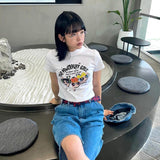 Back To School Dodobye American-style Retro Flying Girls Cartoon Printed Short Short-sleeved T-shirt Women's Hot Girls Slim-fit Sweet And Hot Tops Trendy