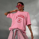 Back To School Dodobye American Style Vintage Vintage Pink Letter Pattern Short-sleeved T-shirt Women's National Fashion Oversize Hot Girl Top Fashion Brand