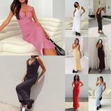 Dodobye Nine-color 2024 Hot Chiffon Solid Color Shoulder Strap V-neck High Waist Lace-up Slim-fit Long Dress Dress