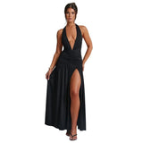 Dodobye Style 2024 Summer New Women's Elegant Neck V-neck Long Dress Sexy Split Pleated Backless Dress