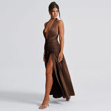 Dodobye Style 2024 Summer New Women's Elegant Neck V-neck Long Dress Sexy Split Pleated Backless Dress