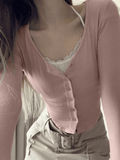 Dodobye-Lace Patchwork Pink Knit Crop Top