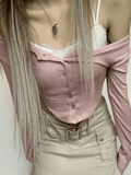 Dodobye-Lace Patchwork Pink Knit Crop Top