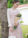 Dodobye Baby Pink Rose Embroidery Denim Strap Dress And Lace Blouse