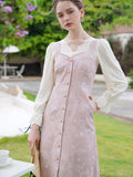 Dodobye Baby Pink Rose Embroidery Denim Strap Dress And Lace Blouse