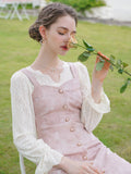 Dodobye Baby Pink Rose Embroidery Denim Strap Dress And Lace Blouse