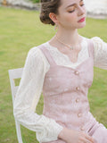 Dodobye Baby Pink Rose Embroidery Denim Strap Dress And Lace Blouse