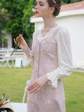 Dodobye Baby Pink Rose Embroidery Denim Strap Dress And Lace Blouse