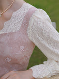 Dodobye Baby Pink Rose Embroidery Denim Strap Dress And Lace Blouse