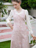 Dodobye Baby Pink Rose Embroidery Denim Strap Dress And Lace Blouse