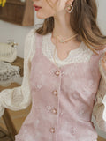 Dodobye Baby Pink Rose Embroidery Denim Strap Dress And Lace Blouse