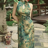 Dodobye Blue Green Painting Cheongsam Dress