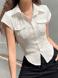 Dodobye Pocket Button Down Cropped Blouse