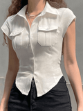 Dodobye Pocket Button Down Cropped Blouse