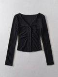 Dodobye Solid Color Lapel Neck Ruched Breasted Long Sleeve Knit