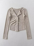 Dodobye Solid Color Lapel Neck Ruched Breasted Long Sleeve Knit