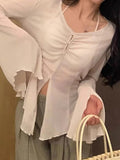 Dodobye V Neck Split Flare Sleeve Long Sleeve Blouse