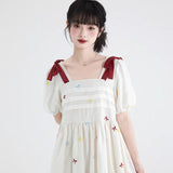 Dodobye Bow Embroidered Square Neck Tencel Dress