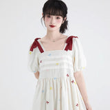 Dodobye Bow embroidered square neck Tencel dress