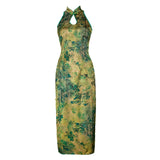 Dodobye Blue Green Painting Cheongsam Dress